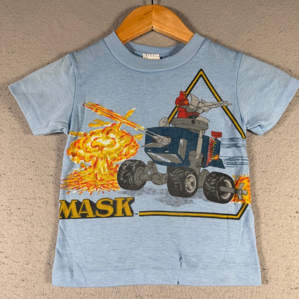 Vintage 1985 MASK‎ T-Shirt Kids Size 5 Blue Dobie Rhino Matt Trakker 80s Cartoon